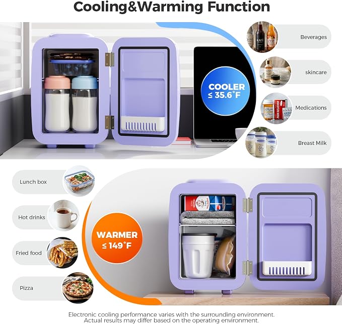 OSTBA Mini Fridge, 4 Liter/6 Can Mini Makeup Fridge, 110V AC/ 12V DC Portable Thermoelectric Cooler&Warmer for Skincare, Drink, Cosmetic, Medicine, Small fridge for Bedroom, Office, Dorm, Car, Purple - Image 2