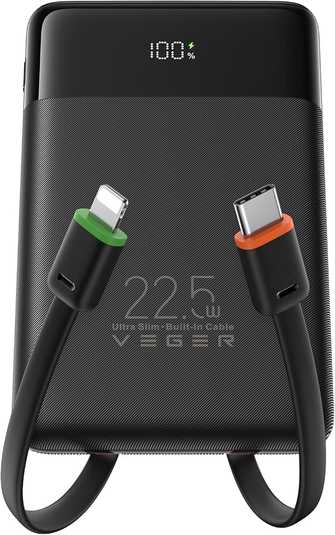 VEGER Portable Charger, Ultra Slim 22.5W Fast Charging with Built in Cable, Flight-Safe 10000mAh USB C Power Bank Battery Pack, Travel Essential Phone Powerbank for iPhone 17 16 Samsung S25 Google etc by VEGER