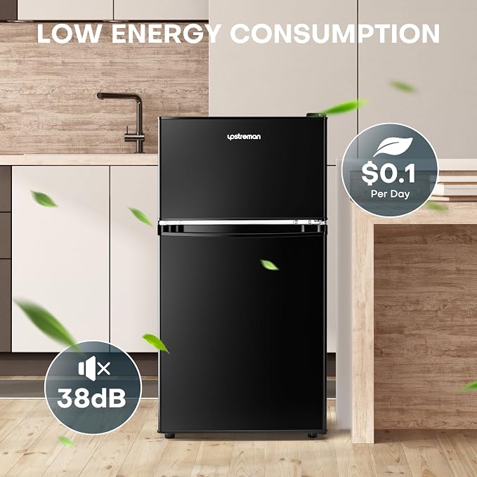 Upstreman 3.2 Cu.Ft Mini Fridge with Freezer, Double Door Mini Fridge, Adjustable Thermostat, Mini Refrigerator for Dorm, Office, Bedroom, Black-BD321 - Image 4