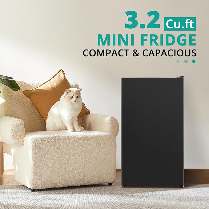 3.2 Cu.Ft Small Refrigerator Single Door, Mini Fridge for Bedroom Office Dorm Kitchen Undercounter, Compact Cooler with Removable Glass Shelves Quite Operation, Black - Image 3