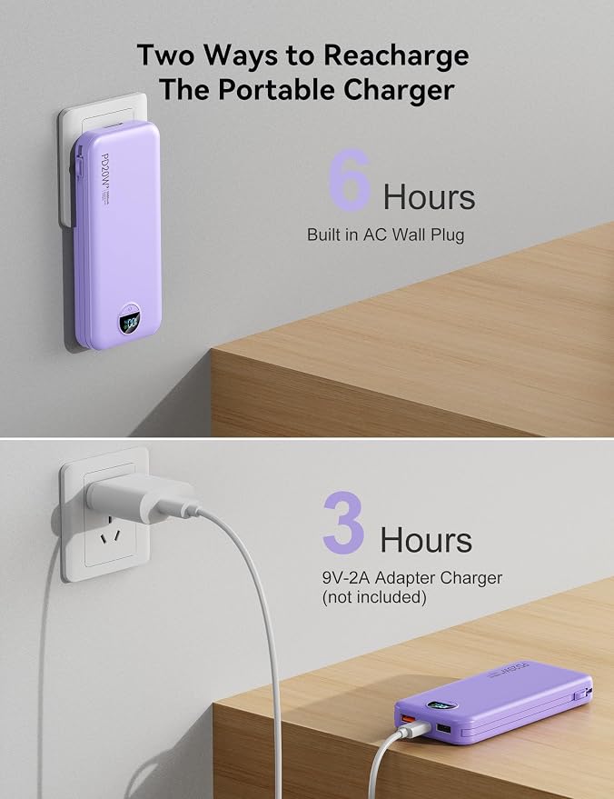 10000mAh Ultra-Portable-Charger-Power-Bank with Built in Cables&AC Wall Plug, PD20W USB-C Fast Charging Cell Phone Charger Battery Pack,LED Display Travel Battery Bank for All iPhone,Samsung,Android - Image 7