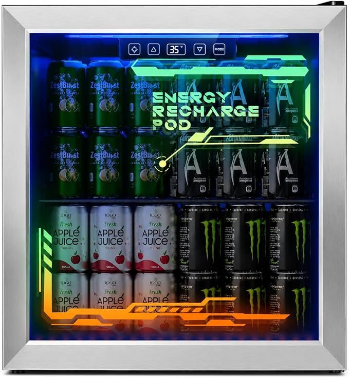 Tehanld Lighted Beverage Refrigerator, 68-Can Gaming Mini Fridge | RGB illuminated glass door, 1.8 cu.ft, 35-65°F digital control, quiet drink cooler for bedroom, game room, home bar by Tehanld