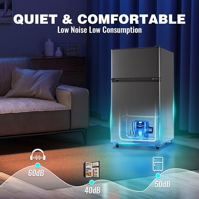 3.5 Cu.Ft Compact Refrigerator Gray, Dual-Door MIni Fridge for Home | 2 Removable Glass Shelves, Large Capacity with 7 Settings, Low Consumption for Dorm Apartment - Image 7