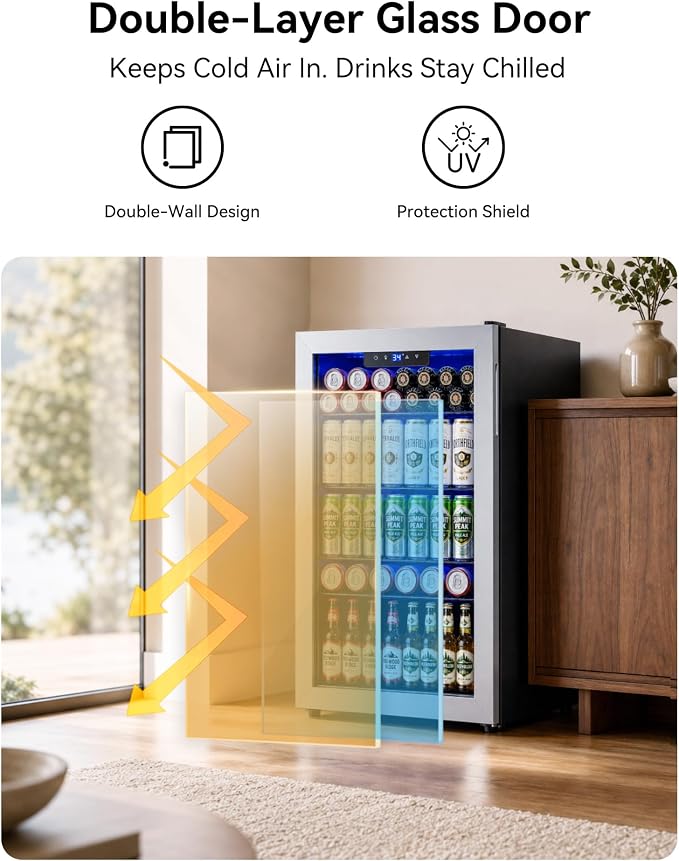 Feelfunn Beverage Refrigerator Cooler - 126 Can Mini Fridge Glass Door for Drinks Soda Beer Wine - Small Refrigerator for Office Bedroom Home Bar, 4 Adjustable Shelves, 3.2 Cu.Ft, Silver - Image 5