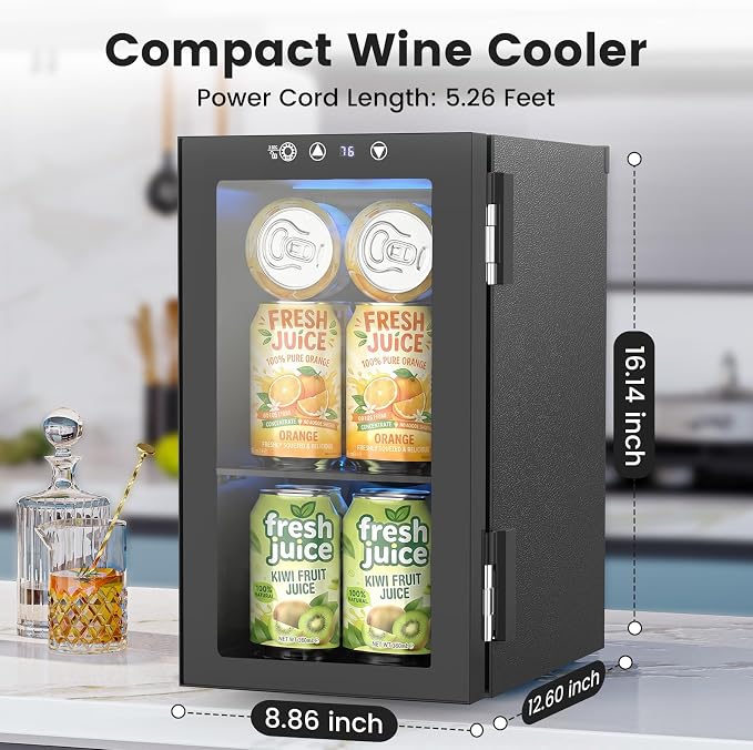 Electactic 10L Mini Beverage Refrigerator, 12-Can Capacity, 40-61°F | Compact 10L beverage fridge holds up to 12 cans, with a 40-61°F range, digital display, LED light, and glass door. - Image 3