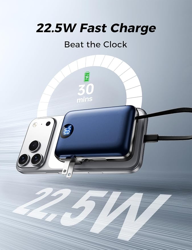 Portable Charger with Built-in Cables & Wall Plug, 10000mAh Power Bank, 4 Outputs 22.5W USB C Fast Charging, Slim Travel Battery Pack with LED Display for iPhone 17/16/15/14, DarkBlue - Image 3