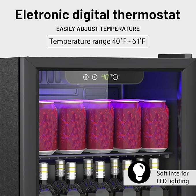 Compact 60 Can/1.3 Cu.Ft Mini Fridge with Reversible Glass Door | for Soda, Beer, Wine, Portable Small Beverage Refrigerator With Digital Display&Removable Shelves, for Office, Dorm, Bar - Image 5
