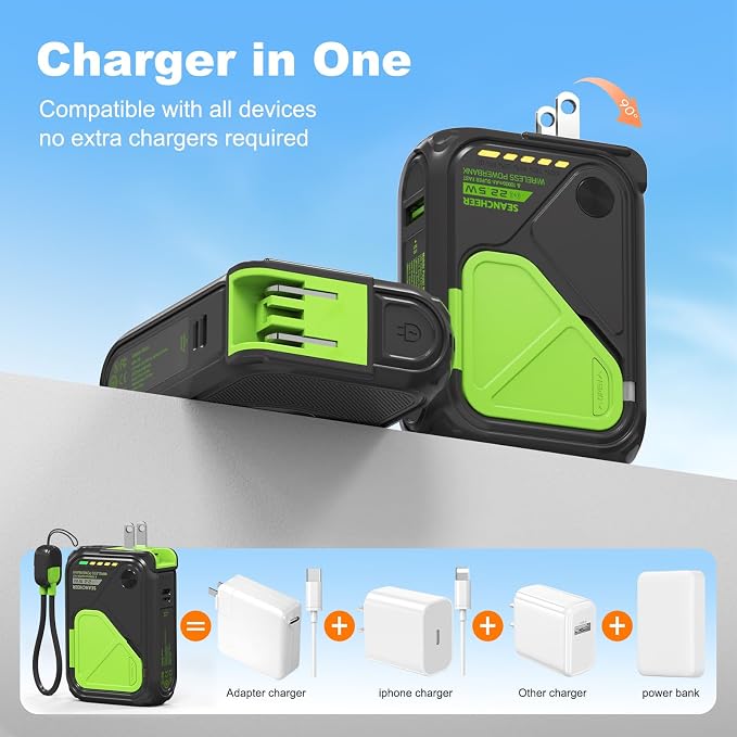 SEANCHEER P05 Portable Charger, Magnetic Power Bank, Small Wireless PowerBank,Emergency Battery Pack 10000mAh Travel Essentials Fast Charging with Built in Cable, Wall Plug for iPhone,Samsung,Andriod - Image 2