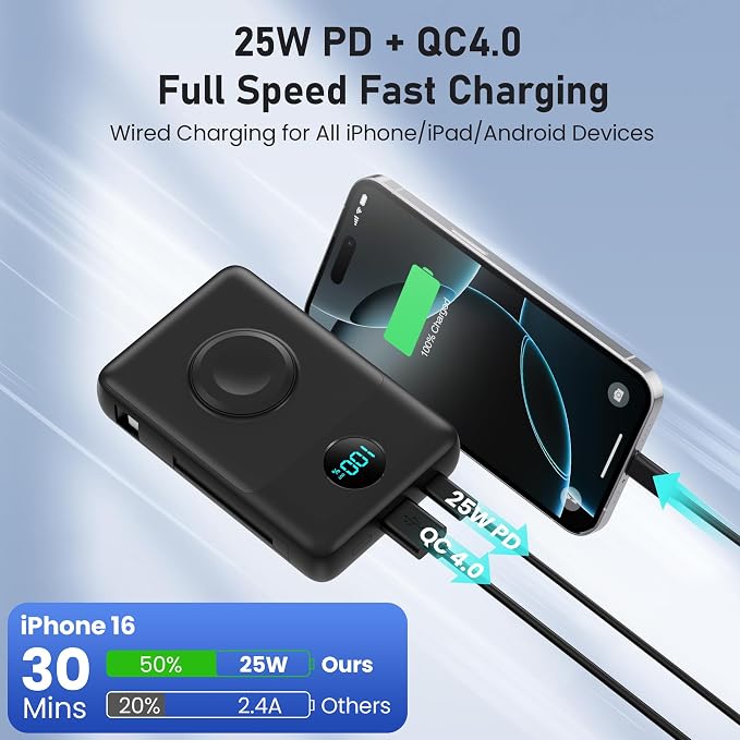 Magnetic Portable Charger for MagSafe with Built-in Cable, iWatch Charger,10800mAh Wireless Power Bank Travel Essentials,25W PD Fast Charging Battery Pack for iPhone 17/16/15/14/13 Series,Apple Watch - Image 5