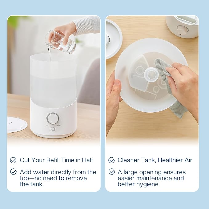 Cool Mist Humidifier for Bedroom, 3L Top Fill Ultrasonic Air Humidifier with Adjustable Knob Control, Quiet Operation, Auto Shut-Off, BPA-Free for Home, Baby, Office, Plants M4 - Image 3