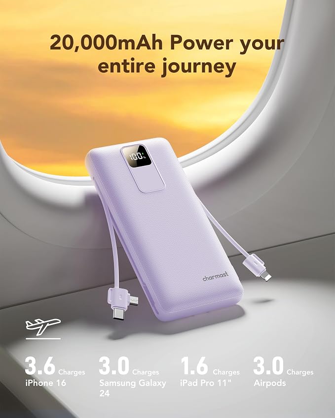 charmast 20000mAh Portable Charger with Built-in Cables & Wall Plug, 20W USB C Power Bank, Fast Charging Battery Pack Travel Essentials Compatible with iPhone 16/15/14 Series, Samsung, Google, iPad - Image 6