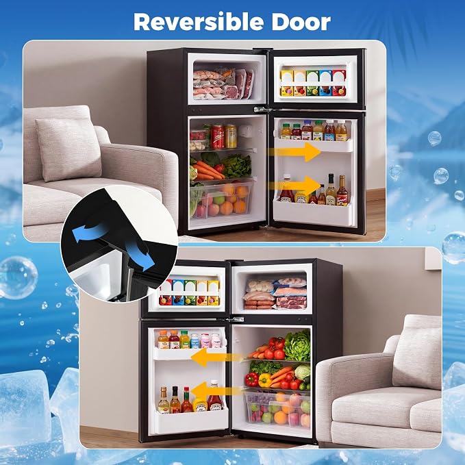 COSTWAY 3.2 Cu.Ft. Mini Fridge with Freezer, 2 Door for Office Bedroom Dorm | Compact Small Refrigerator with Reversible 2 Door, Adjustable Thermostat, Removable Glass Shelves for Food & Drink, Silver - Image 7