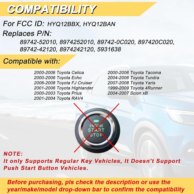 Vurkcy Key Fob Replacement for 2001-06 Toyota Highlander/ 00-06 Celica Echo/ - Image 2