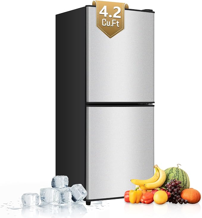 4.2 Cu. Ft. Mini Fridge with Freezer, Small Refrigerator Silver | with 7-Level Adjustable Thermostat, Mini Refrigerator Compact Fridge and Freezer for Dorm, Office, Apartment, College, RV by Rosmena