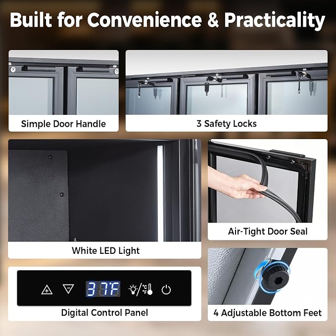 Back Bar Cooler with 3 Glass Door, 11.2 Cu.Ft Commercial Beverage Fridge, Under Counter Display Refrigerator with Safety Lock for Beer, Soda, Wine, Built-In/Freestanding for Bar Store Restaurant - Image 7