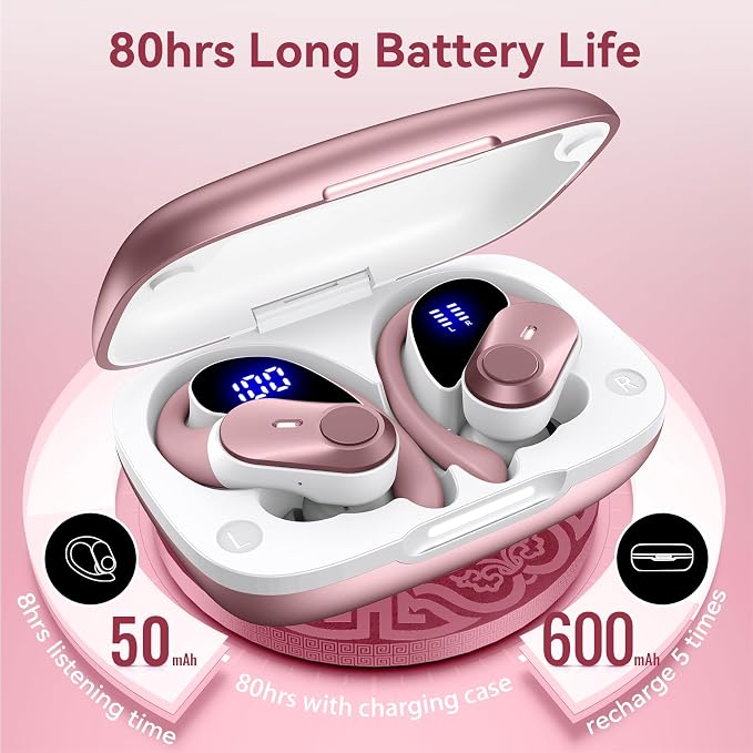 Active Noise Cancelling Ear Buds Wireless Earbuds 80H Playtime Bluetooth Headphones with LED Display Case, Hi-Res Audio Clear Calls Earphones with Over Ear Hooks for Running Gym Workout Travel Rouge - Image 5