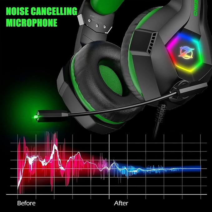 Ozeino Gaming Headset for PC, Ps4, Ps5, Xbox Headset with 7.1 Surround Sound, Gaming Headphones with Noise Cancelling Mic RGB Light Over Ear Headphones for Xbox Series X/S, Switch-Green - Image 3