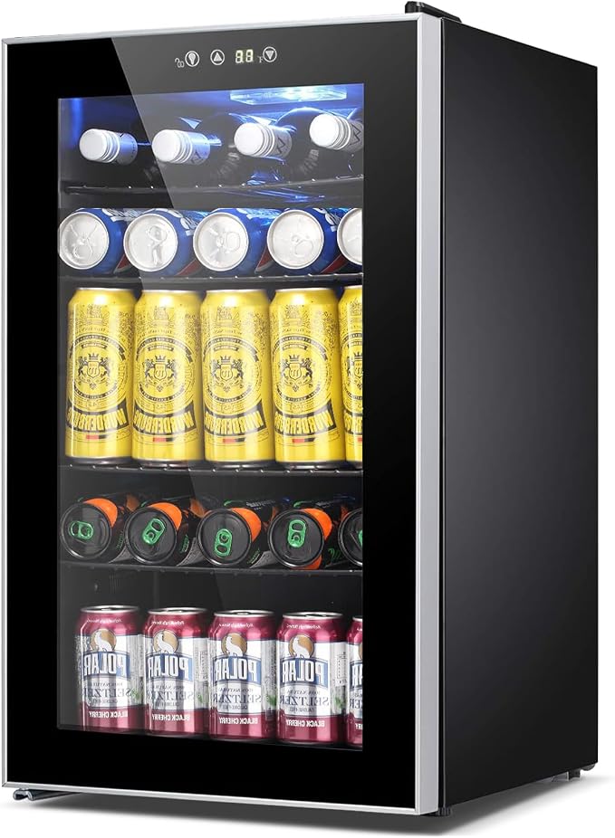 COWSAR Mini Fridge Cooler, 95 Can Beverage Refrigerator with Glass Door, ETL Approved Wine Fridge with Digital Temperature Control, LED Light for Home, Office, Bar, and Game Room - 2.6 Cu.Ft. Black by COWSAR