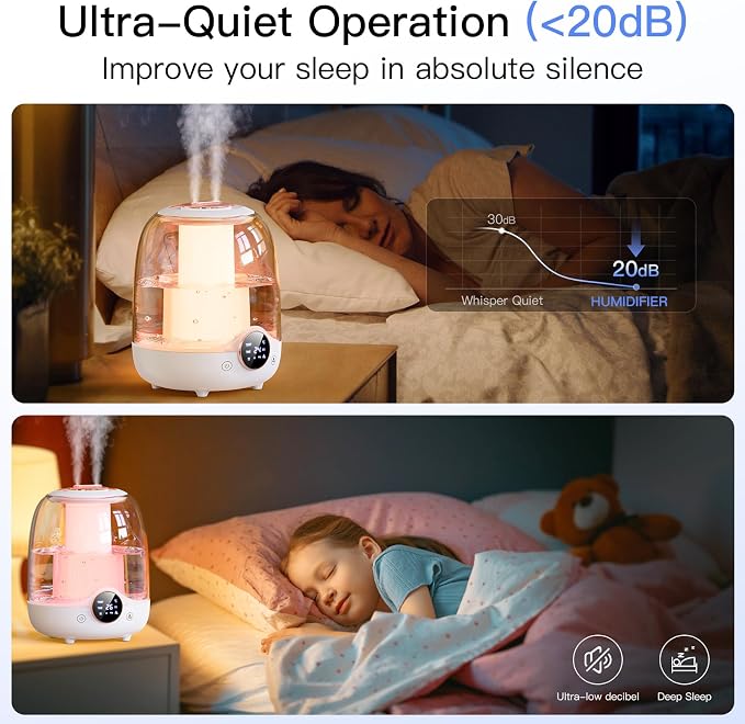 Humidifiers for Bedroom, 3L Tank for 30H 20dB Quiet Mist Time, Dual Nozzles, LED Lights, Smart Timer (2/4/8 Hours), Auto Shut-Off, Perfect for Baby and Large Rooms (White) - Image 2