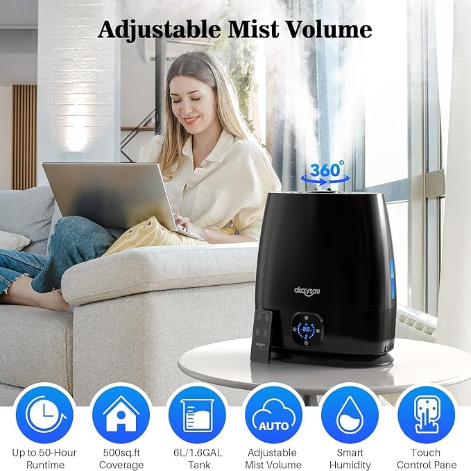 Okaysou Humidifiers, 6L Smart Humidifier and Diffuser for Bedroom Large Room W/Remote Control, Filterless, 50 Hour Top Fill Cool Mist Humidifiers with Humidistat for Babies, Plant, Sleep Mode, Timer - Image 2