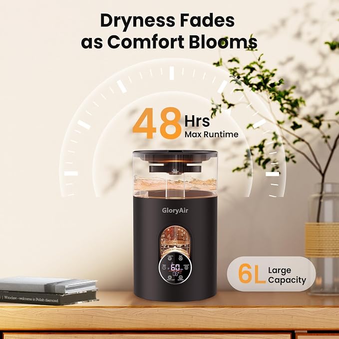 Warm & Cool Mist Humidifier - GloryAir Black 6L Quiet Top Fill Humidifiers for Bedroom Large Room with Smart Humidity Control, Remote Control, 7-Color Light, Humidistat, Oil Diffuser for Baby & Plants - Image 7