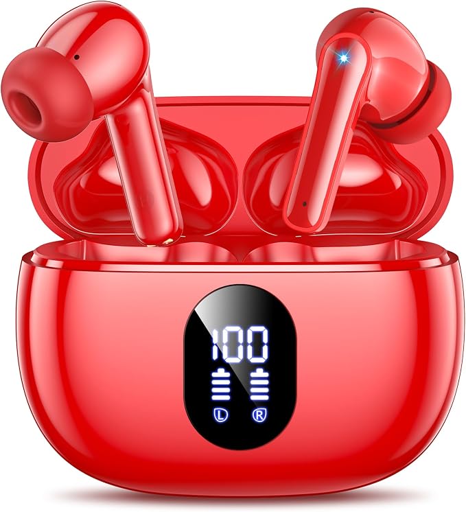 Wireless Earbuds, Hi-Fi Deep Bass Ear Buds, 48H Playtime In-Ear Headphones | 2 Mics for Clear Calls, LED Display, IPX7 Waterproof, Touch Control, Lightweight Bluetooth Earphones for iPhone/Android, Red by WirelessEarbuds