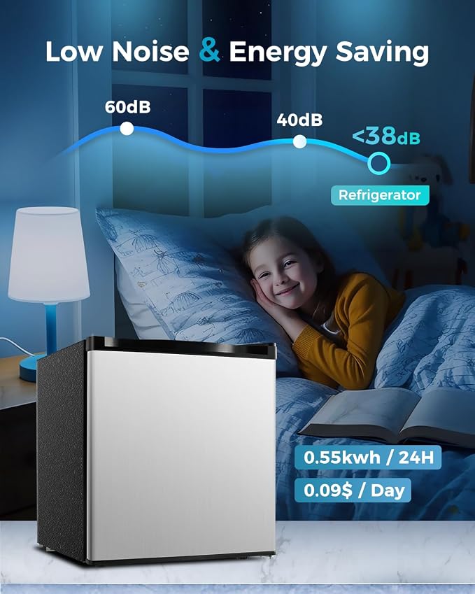 Feelfunn Mini Fridge with Freezer - 1.7 Cu.Ft Single Door Mini Refrigerator with Adjustable Thermostat, Energy Saving, Low Noise, Small Fridge for Bedroom, Office, Dorm, Apartment, Classroom - Silver - Image 4