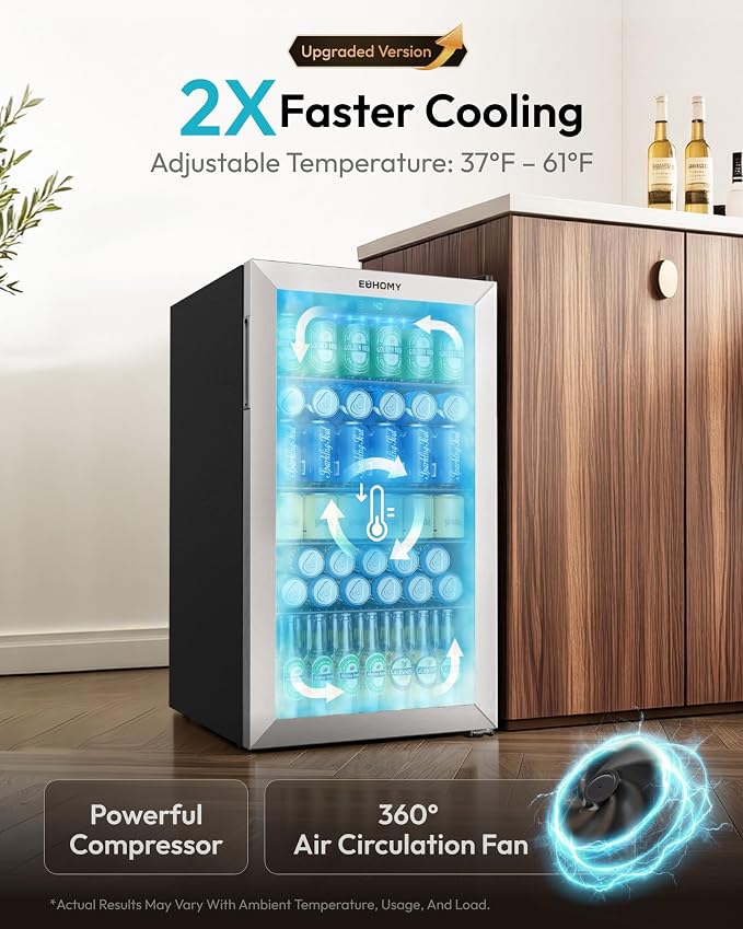 EUHOMY Mini Fridge 130 Can Beverage Refrigerator Cooler Glass Door for Soda Wine Beer, Beverage Cooler for Home, Bar, Office with Digital Temperature Control Removable Shelves, 3.2 Cu.Ft, Silver - Image 2