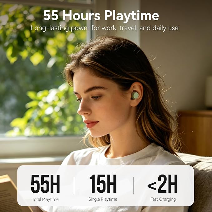 TOZO T10 Wireless Earbuds Powerful Bass Stereo Wireless Charging, APP, IPX8 | Waterproof, 55H Playtime, Ergonomic Design In Ear buds, App Customize EQ, Bluetooth 5.3 Headphones for Work, Travel, Green - Image 3