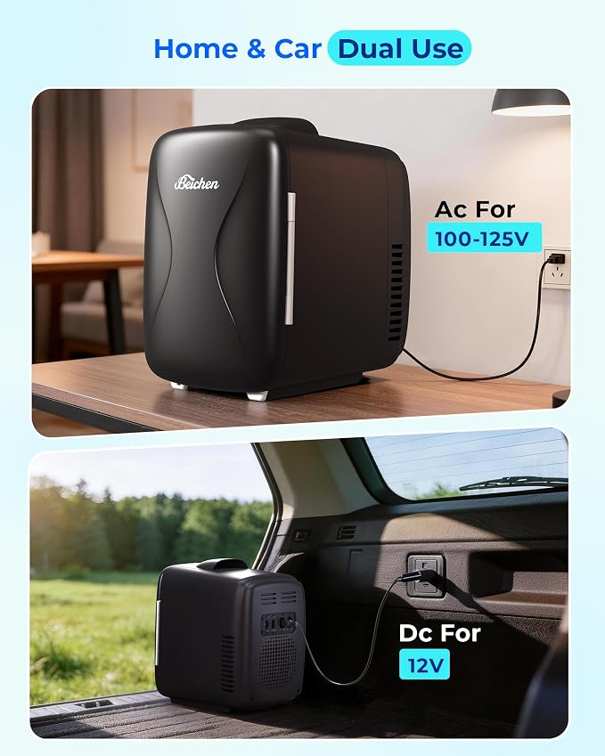 BEICHEN Mini Fridge, 4L/6 Can Portable Small Refrigerator Cool&Warm, AC/DC | Black Mini Refrigerator for Drinks Food, Fast Cooling Low Noise Mini Fridge for Bedroom Car Office, Makeup Skincare Fridge - Image 7