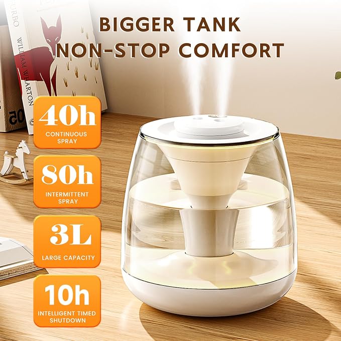 Humidifiers for Bedroom, 3 L Cool Mist Top-Fill 40H Super Long Time, 23dB Quiet, Baby Humidifier, Oil Diffuser for Large Room, Plants, Nursery, Office, Colored lights (white) - Image 2