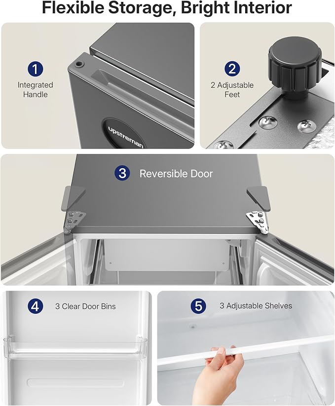 Upstreman 3.2 Cu.Ft All-Refrigerator Mini Fridge, Gray-CR32 | Sleek Gray Finish, 7-Level Thermostat, ENERGY STAR Certified, Reversible Door, Small Fridge for Office, Bedroom or Dorm - Image 7