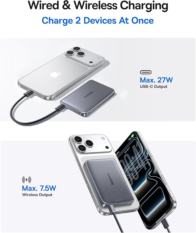 Baseus Picogo Power Bank, 0.5" Ultra Slim 10000mAh MagSafe Portable Charger, 27W Fast Charging Magnetic Battery Pack, Upgraded Polished Alloy Wireless Charger for iPhone 17 Pro Max/Air/16/15/14/13/12 - Image 4