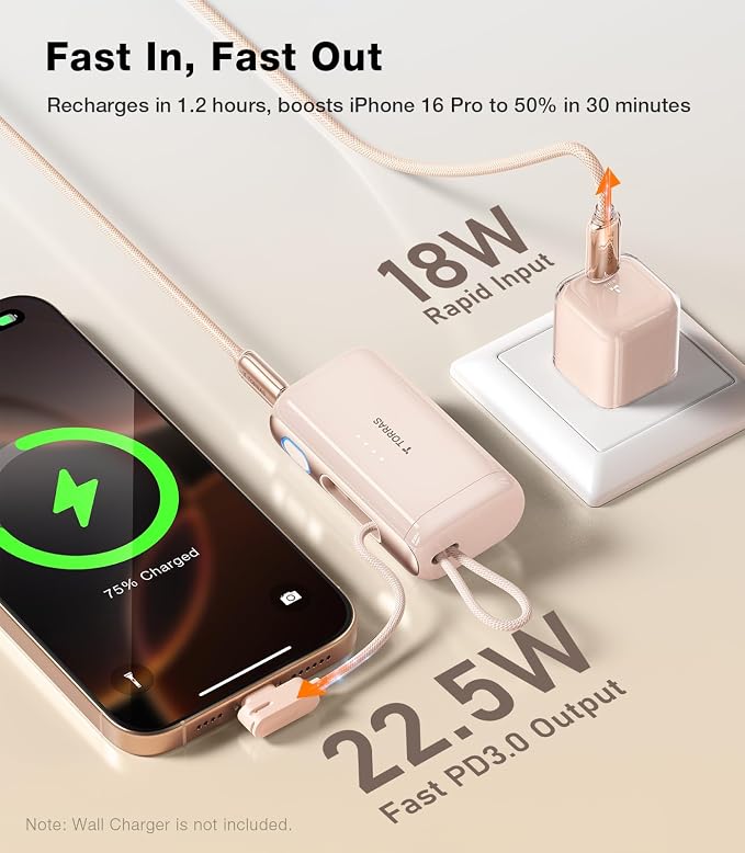 TORRAS 2-in-1 iPhone 16 Portable Charger, 5,000mAh 22.5W Mini Power Bank with Built-in USB-C Cable, Fast Charge Battery Pack, Travel Essential for iPhone 17/16/15, Galaxy S25, Google – Desert Titanium - Image 2