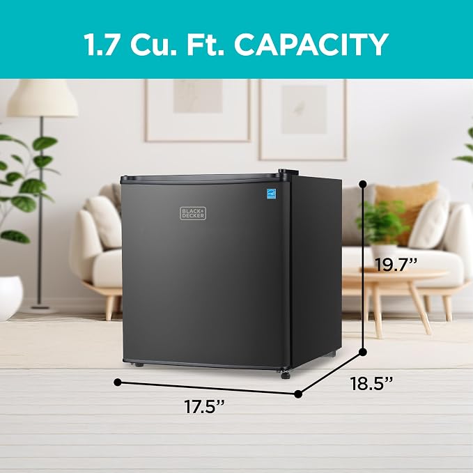 BLACK+DECKER 1.7 Cu. Ft. Compact Refrigerator, Energy Star, BCRK17B, Black | Energy Star Certified, Single Door Mini Fridge with Chiller Compartment, Personal Fridge for Home or Dorm, R600a Refrigerant - Image 2