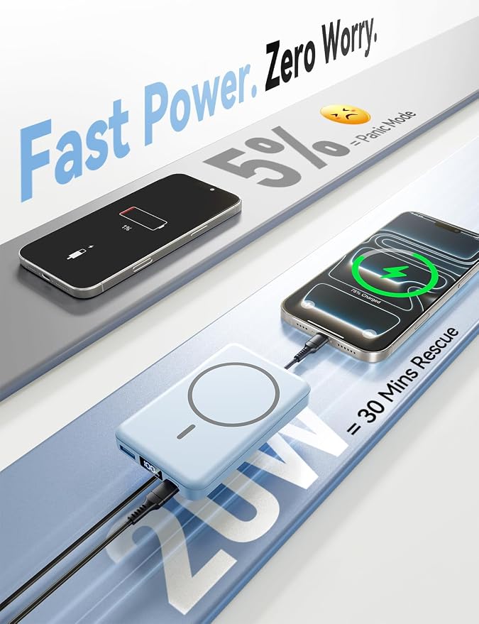 Aobbow Magnetic Portable Charger, 10000mAh for Magsafe Battery Pack, 20W Fast Charging Power Bank, Travel Essential of Wireless Charger Compatible with iPhone 17/16/15/14/13 Pro/Max/Air/Plus-SkyBlue - Image 3