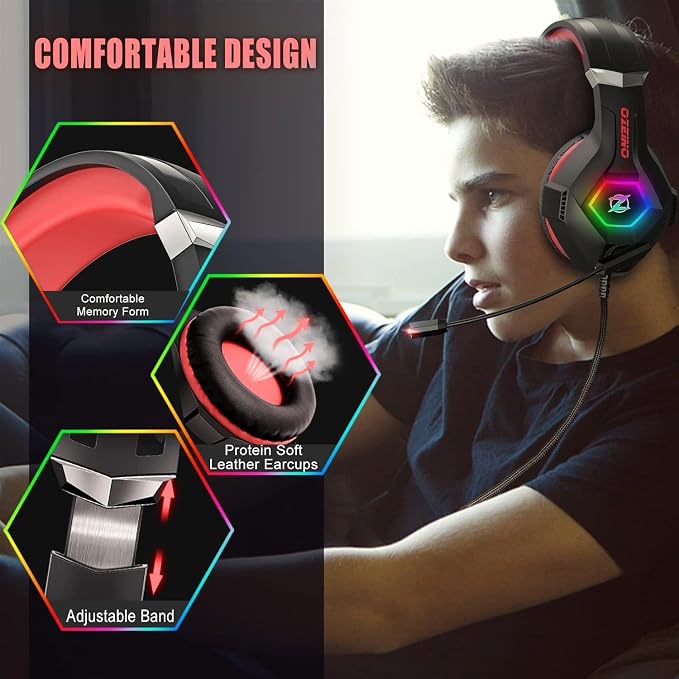 Ozeino Gaming Headset for PC, Ps4, Ps5, Xbox Headset with 7.1 Surround Sound, Gaming Headphones with Noise Cancelling Mic RGB Light Over Ear Headphones for Xbox Series X/S, Switch -Red - Image 4
