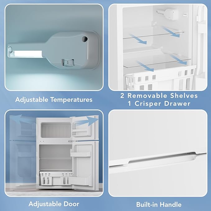 Electactic 3.1 Cu.Ft Mini Fridge with Freezer for Bedroom Office, White | 2 Reversible Door, Removable Glass Shelves, Adjustable Thermostat, Energy Efficient Compact Small Refrigerator for Dorm - Image 3