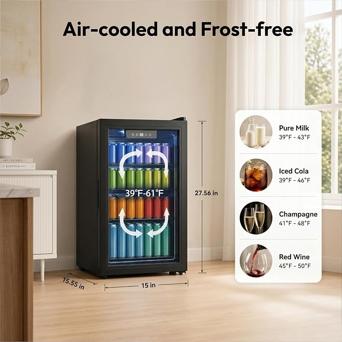 Dawmilon 3.2 Cu.Ft Beverage Refrigerator, 126 Can Beverage Cooler, Glass Door Drink Fridge, Mini Fridge with Digital Temperature Control and Air Cooling System for Beer Soda Wine Home Office Bar - Image 2