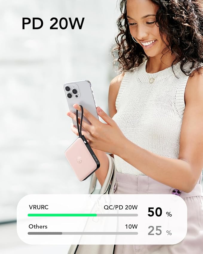 VRURC Portable Charger for iPhone Built-in Cables, 22.5W USB C Fast Charging 10000mAh Pocket Power Bank, Battery Pack for iPhone 17 16 & Samsung Galaxy S26 S25 etc Android, Pink(1 Pack) - Image 3