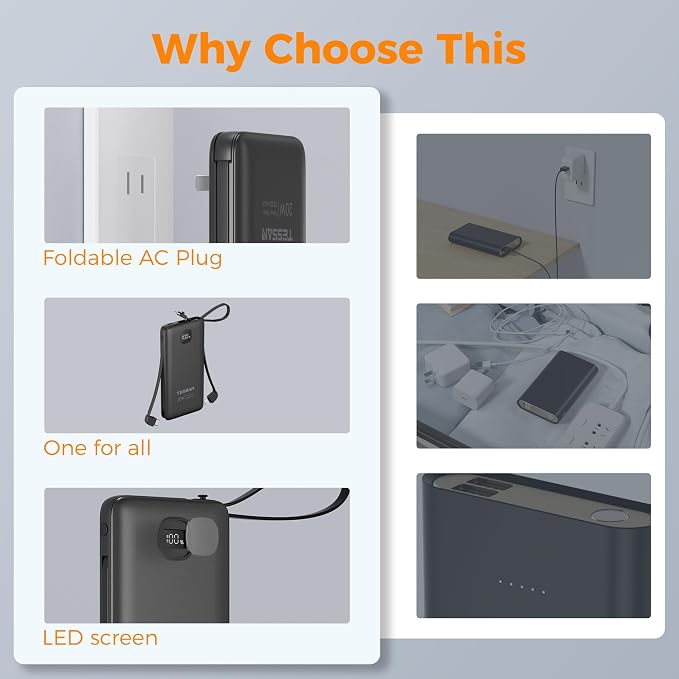 TESSAN Portable Charger with Built in Cables, 10000mAh Power Bank Fast Charging with Foldable AC Plug, PD20W Compact Battery Pack Travel Essentials for iPhone 17/16/15 Series, Samsung, Tablets, Black - Image 3