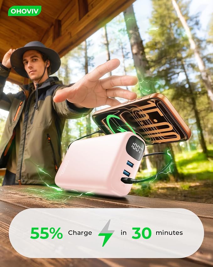OHOVIV Portable Charger 50000mAh Power Bank - 22.5W Fast Charging External Battery Pack,USB-C Portable Phone Charger for iPhone 17/16/15/14/13 Pro Android Samsung, for Travel Camping Essential-Pink - Image 2