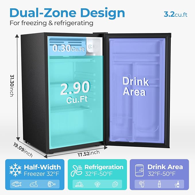 Antarctic Star 3.2 Cu.Ft. Mini Fridge with Freezer, Small Refrigerators with Adjustable Thermostat, Low Noise, Energy Saving, Compact Refrigerators for College Dorm, Office, Apartment, Stainless Steel - Image 2
