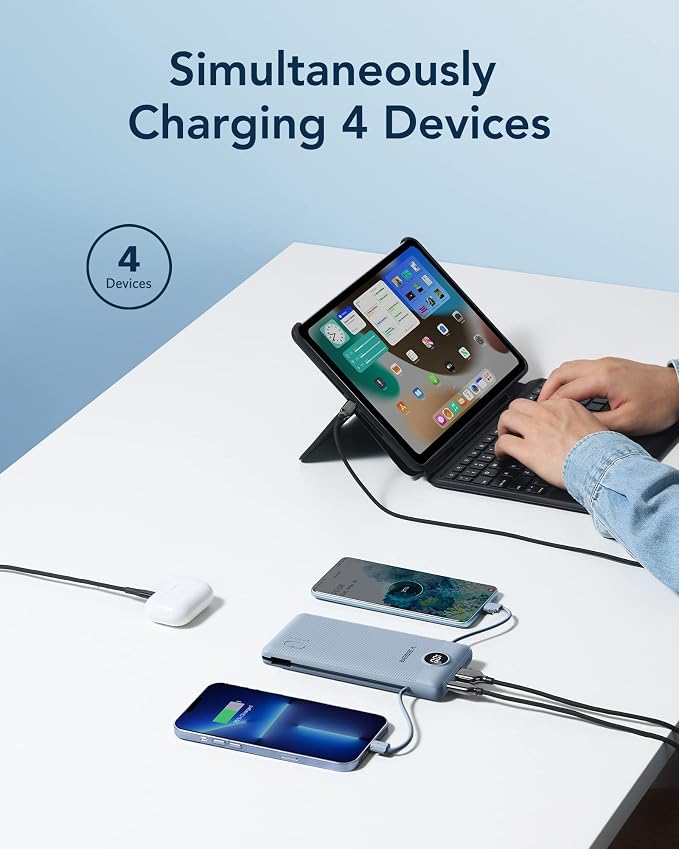 VEGER Portable Charger with Built-in AC Plug and Cables, All in One 10000mAh Ultra Slim Power Bank Travel Essentials, Fast Charging Battery Pack Compatible with iPhone, Samsung, Android (Blue) - Image 4