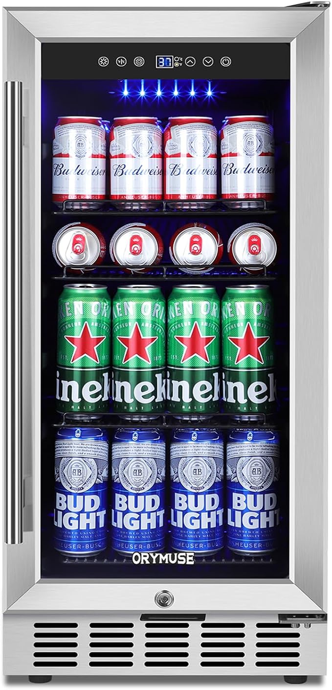 15 Inch Beverage Refrigerator, 130 Can Capacity Under Counter Fridge with Lock & Glass Door, Quiet Built-in or Freestanding Beer Cooler, Powerful Compressor for Fast Cooling by ORYMUSE