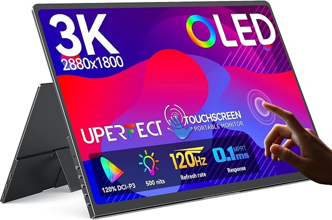 UPERFECT Touchscreen OLED Portable Monitor 14", 3K 2880x1800 | 120Hz | 0.1ms Portable Gaming Monitor, 500 Nits |120% DCI-P3 | 500000:1 | Ultra-Slim Design for Laptop Mini PC Phone Game Consoles by UPERFECT