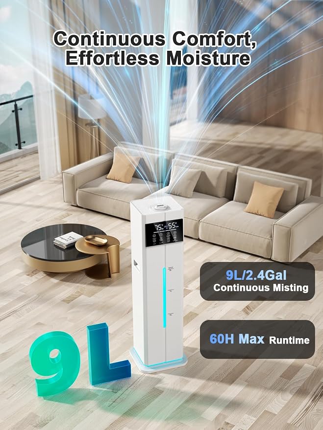 9L/2.4Gal Smart Cool Mist Humidifier, Top Fill Quiet Humidifier Large Room, Covers 550ft², App & Remote Control, 60H Runtime, 7 Colors Light, 4 Mist Modes Humidifiers for Bedroom, Office, White - Image 3