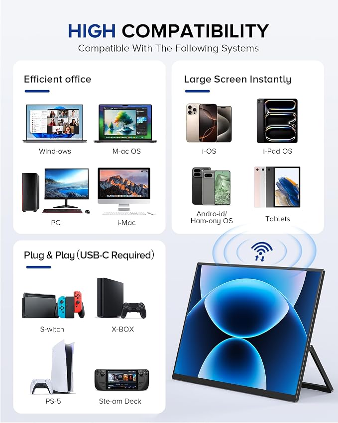 UPERFECT Wireless Portable Monitor with Battery 8000mAh, 15.6" 1080P FHD Ultra Slim Travel Monitor with Stand/VESA/Sleeve, External Second Screen for Laptop, PC, Phone, Support AirPlay Miracast - Image 7