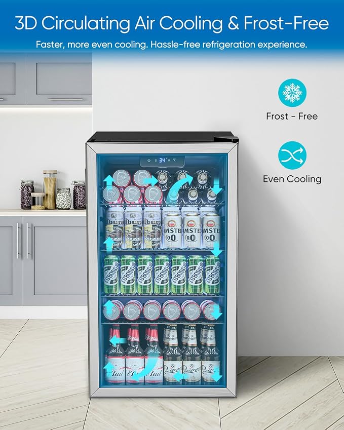 Feelfunn 3.2 Cu.Ft Mini Fridge with Glass Door - 126 Can Beverage Refrigerator Cooler for Drink Beer Wine Soda, Small Refrigerator for Bedroom Office Bar Dorm, 4 Adjustable Shelves, Silver - Image 4