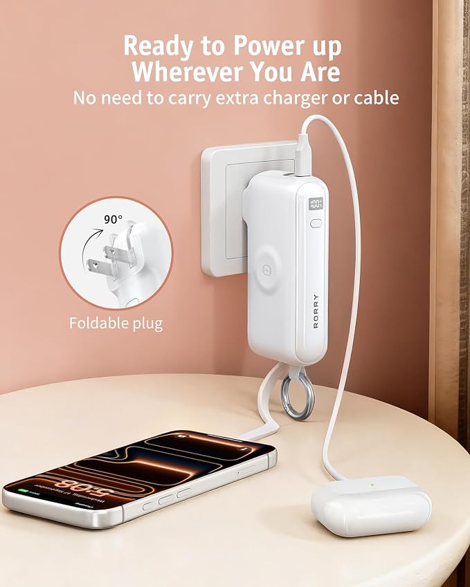 RORRY Flow Portable Charger, 10000mAh 40W Fast Charging Power Bank with Built-in USB C Cable and Foldable Wall Plug, Battery Pack Travel Essentials for iPhone 17/16/15, Apple Watch, iPad, MacBook - Image 6